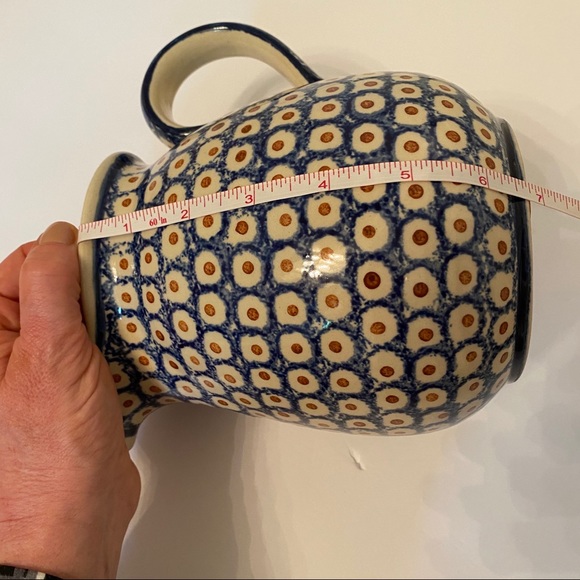 POLISH POTTERY PITCHER VINTAGE BLUE WHITE POLAND HANDMADE BOLESLAWIEC HOME SERVE - Picture 7 of 10